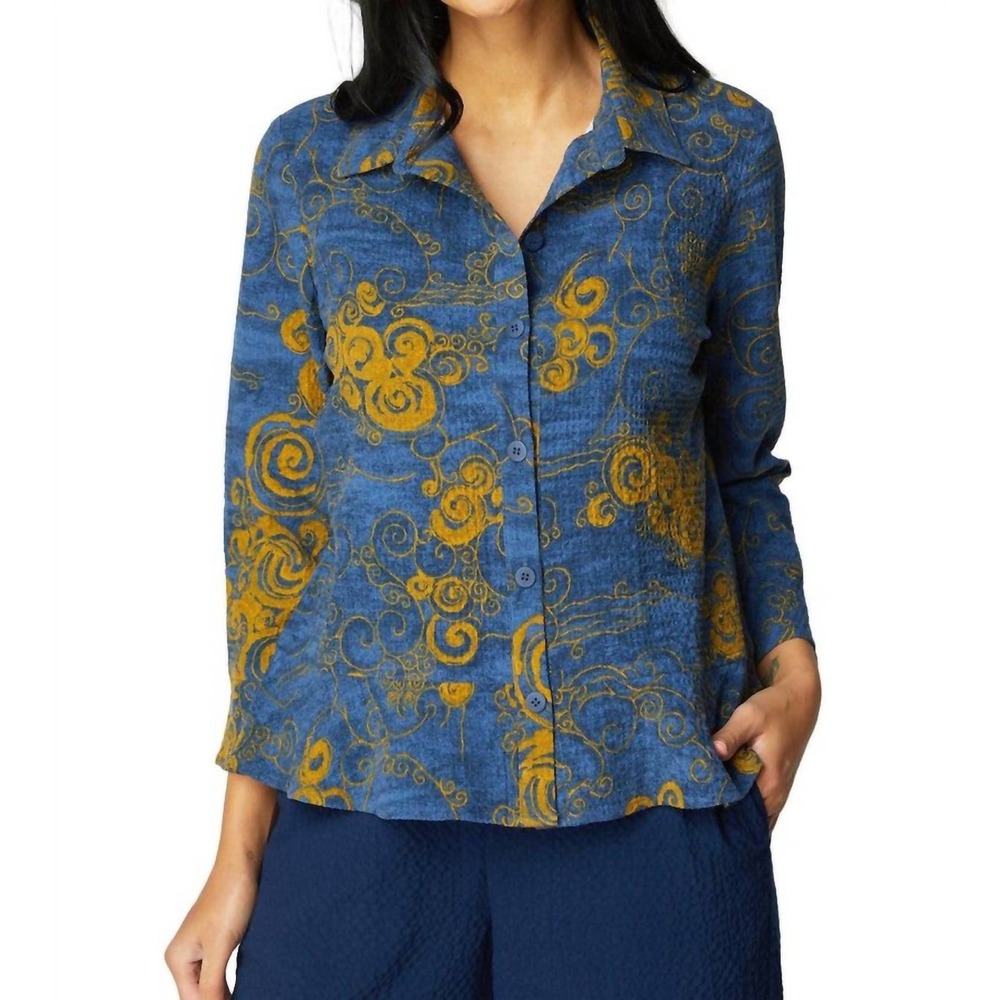 Habitat Woodblock Flounce Shirt Blue Swirl Print Button Down L Lagenlook Artsy
